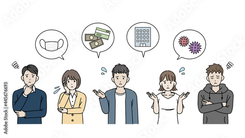若い男女　人々　若者　コロナウイルス　コロナ禍に困る　悩む　不安　大学生　男性　女性　イラスト素材