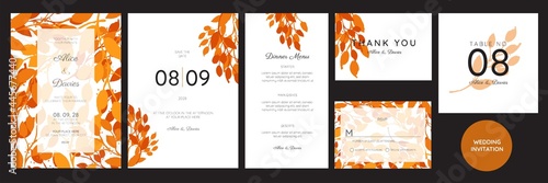 Set of Wedding Invitation, floral invite, thank you, rsvp rustic card design with gold foil decoration. Vector elegant modern template, trendy cover, graphic poster, retro brochure, design template	