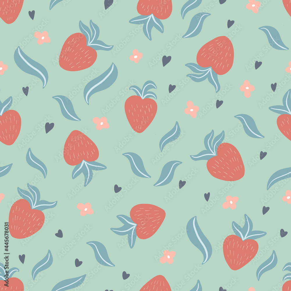 Cute seamless pattern with hand drawn strawberries, leaves, flowers, hearts in simple, childish, Scandinavian style on light blue backdrop. Vector background design, textile, wrapping paper. Cute seamless pattern with hand drawn strawberries, leaves, flowers, hearts in simple, childish, Scandinavian style on light blue backdrop. Vector background design, textile, wrapping paper.