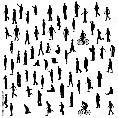 Set with silhouette of people standing in different poses isolated on white background. Vector illustration