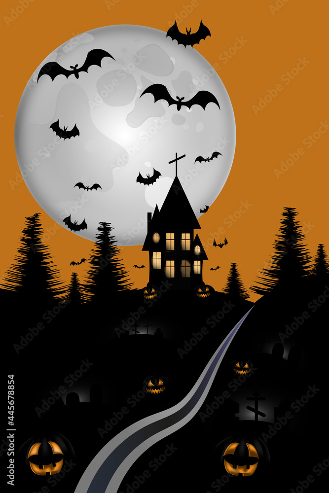 Halloween night house on the hill. Cemetery and smiling pumpkins. Vector illustration.