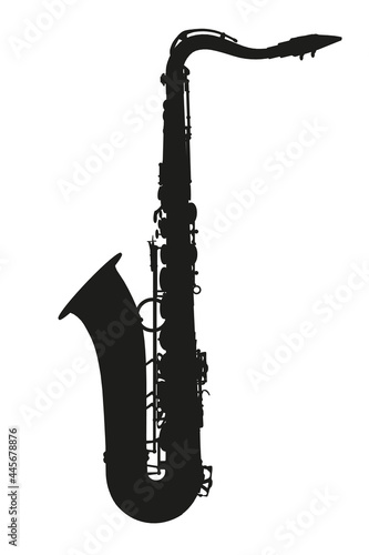 Detailed saxophone silhouette isolated on white background. Side view. Vector illustration
