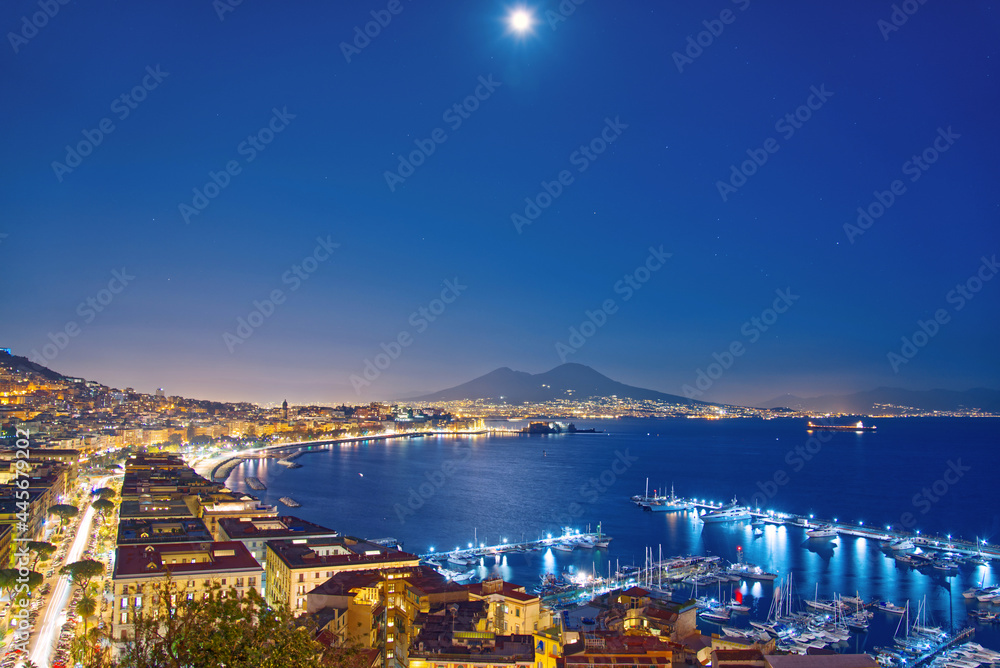Naklejka premium View of the sea in the moonlight in the province of Naples, Italy
