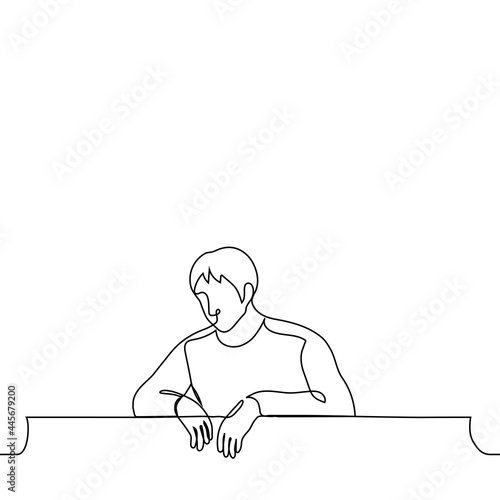 tired man looks down from above leaning on the balcony railing - one line drawing. the man is jealous of the people passing by outside. the concept of tired isolation, angry at the neighbors