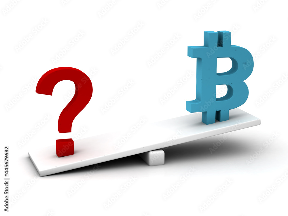 3d illustration of question mark and bitcoin scale board 3d illustration of question mark and bitcoin scale board