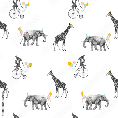 Beautiful vector seamless pattern with safari animal birthday party. Monkey on bike giraffe and elephant with baloons,