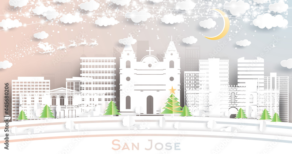 Fototapeta premium San Jose Costa Rica City Skyline in Paper Cut Style with Snowflakes, Moon and Neon Garland.
