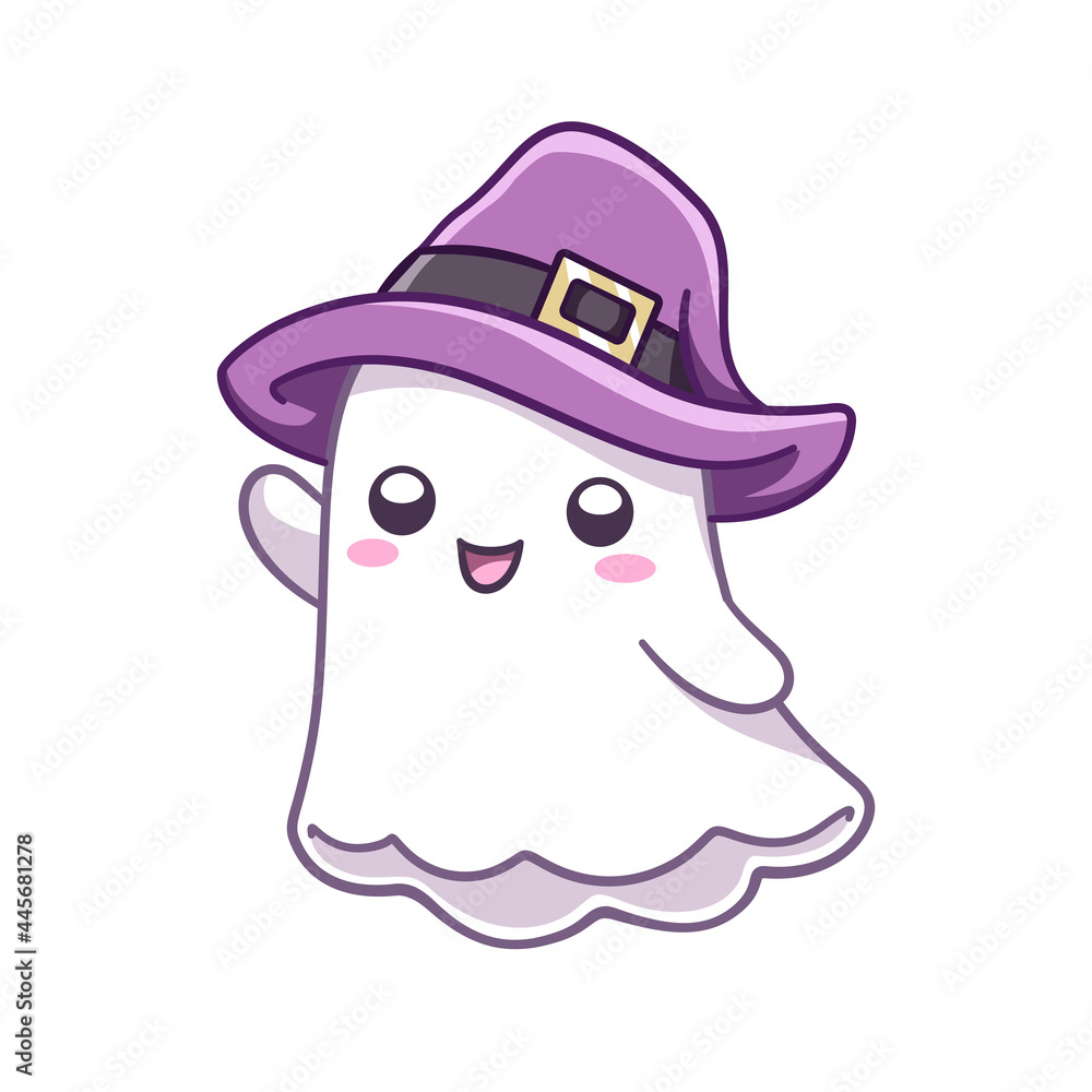 Happy kawaii ghost waving wearing a witch costume. Halloween costume party card invitation print, shirt or product print, sticker design