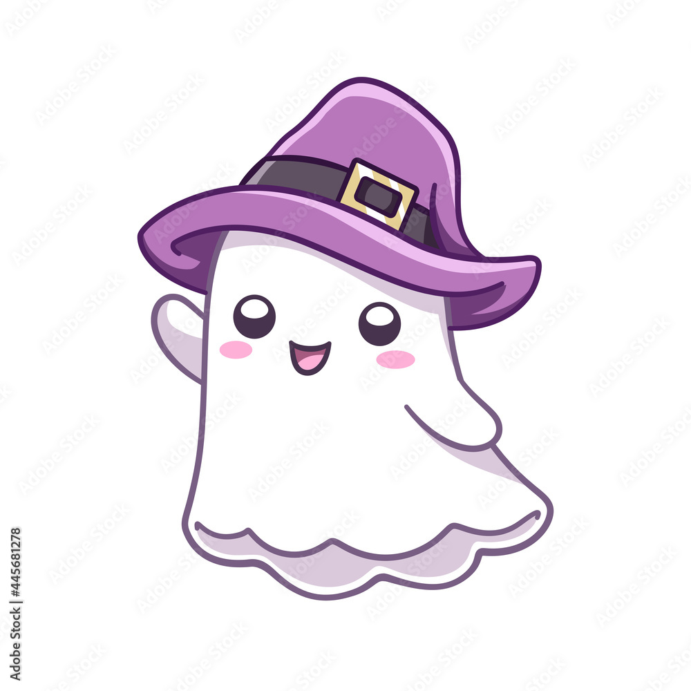 Happy kawaii ghost waving wearing a witch costume. Halloween costume party card invitation print, shirt or product print, sticker design Happy kawaii ghost waving wearing a witch costume. Halloween costume party card invitation print, shirt or product print, sticker design