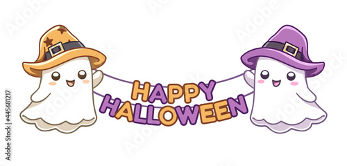 Ghosts with Happy Halloween sign vector illustration clipart. Halloween trick or treat costume party card invitation print, product print, sticker design element
