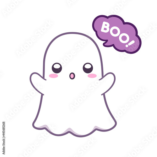 Cute ghost saying BOO! Halloween ghost clipart cartoon element vector illustration. Halloween party card invitation print, shirt or product print, sticker design