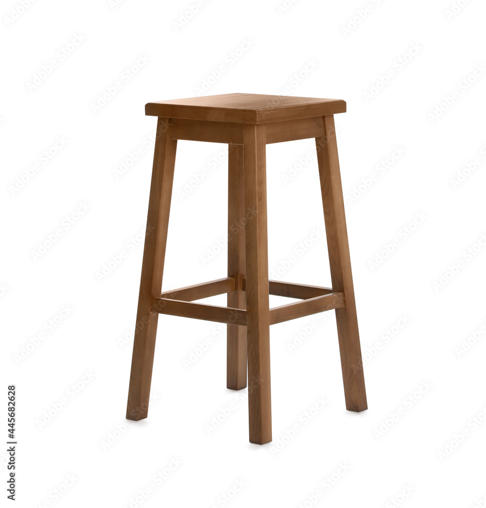 Stylish wooden stool isolated on white. Interior element Stylish wooden stool isolated on white. Interior element