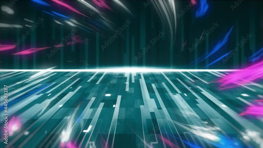 Animation of pink and blue spinning lights over blue stripes and lights Animation of pink and blue spinning lights over blue stripes and lights