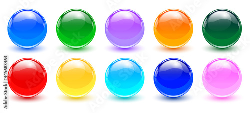 Colored spheres set, shiny and glossy 3D colorful glass balls collection, multicolored vector illustration.