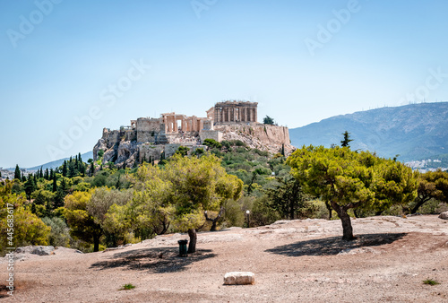 View of the Acropolis of Athens. Photo taken from the Pnyx, the historic hill in the centre of the city.