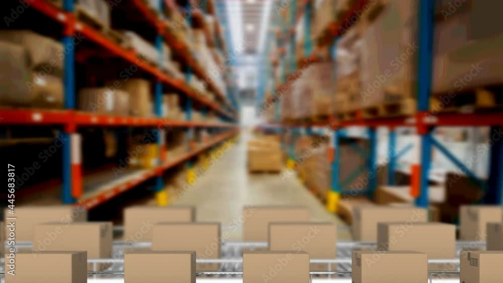 Animation of cardboard boxes on conveyor belts in warehouse Animation of cardboard boxes on conveyor belts in warehouse