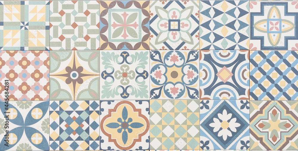 classic tile mosaic home decorative art wall tiles pattern in floral azulejo oriental style design background - obrazy, fototapety, plakaty 