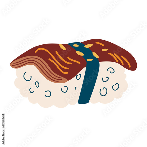 Sushi with eel. Japan food. Fresh fish nori rice and sesame seeds. Perfect for the menu of cafes restaurants bars and printing. Vector illustration in flat cartoon style isolated on white background.