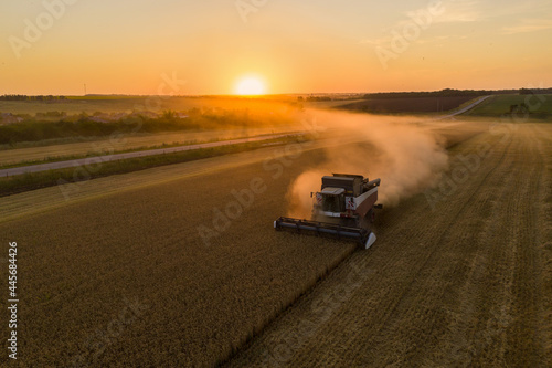 Combine harvester on the field at sunset. Aerial view
