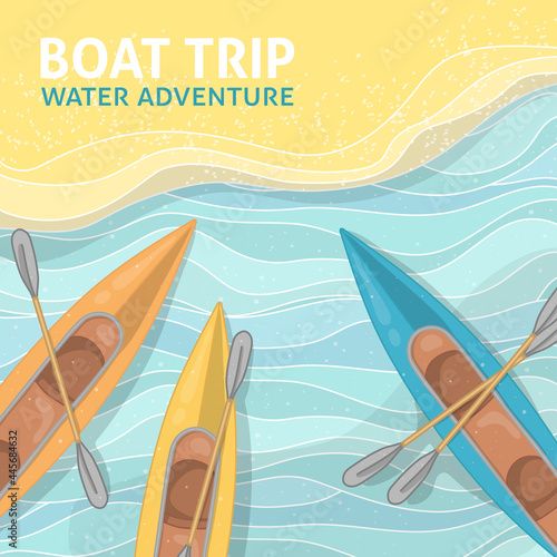 Outdoor kayaking for active recreation. Top view of empty kayaks with paddles on the shore of a sandy beach. Boat trips. A place for your text. Colorful vector illustration. Template.