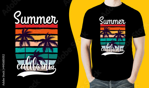 Summer vintage printable t shirt design vector illustration with palm tree. global swaches