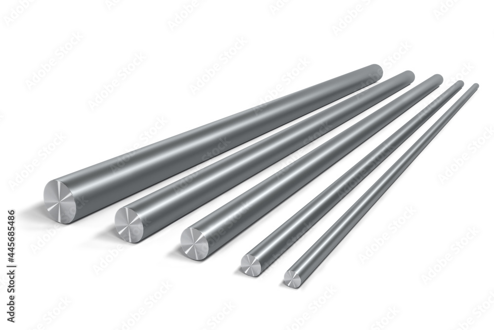 Set of 5 round steel bars of different size isolated on white background - 3d render