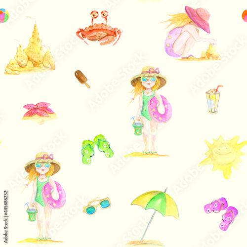 Watercolor pattern Little Girls on the Beach - Lovely Seamless pattern with smiling faces of the characters. Lazy, summer, sand castles among clouds.