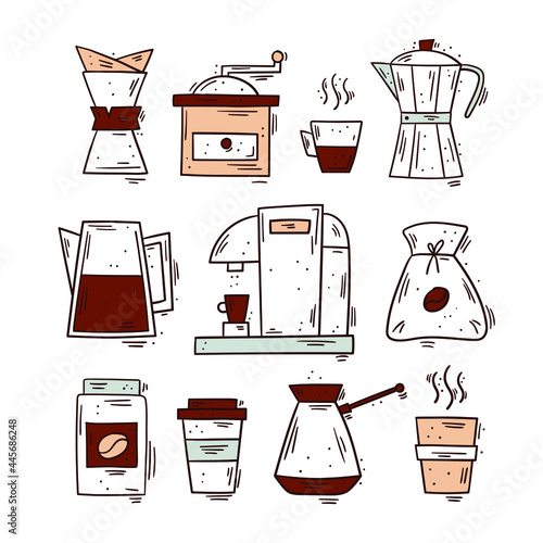 Coffee accessories and devices - Hand drawn set, vector illustration isolated - Coffee maker, pot, cup, 
coffee grinder - For menu, flyer, brochure