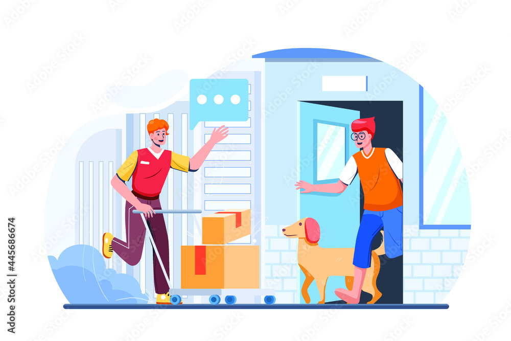 Delivery man pushes hand truck trolley full of cardboard boxes hands package to a customer. Delivery man pushes hand truck trolley full of cardboard boxes hands package to a customer.
