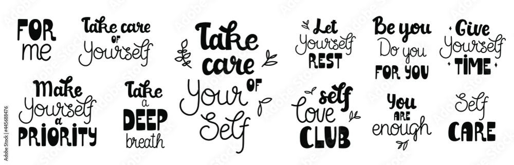 Fototapeta premium Big collection of hand-drawn quotes about self love. Trendy monoline and brush lettering. Vector isolated on white background. For t-shirt, cup, sticker, print, banner, bag, plotter cutting, etc.