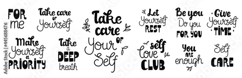 Big collection of hand-drawn quotes about self love. Trendy monoline and brush lettering. Vector isolated on white background. For t-shirt, cup, sticker, print, banner, bag, plotter cutting, etc.