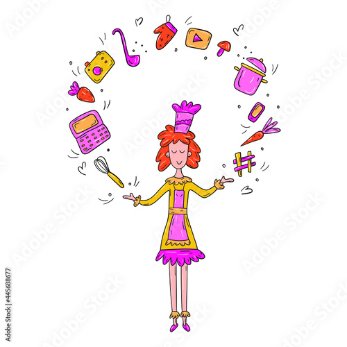 Cartoon girl character food or cooking blogger - Young woman food blogger juggling with kitchenware, gadget, social media icon objects - Vector illustration isolated on white