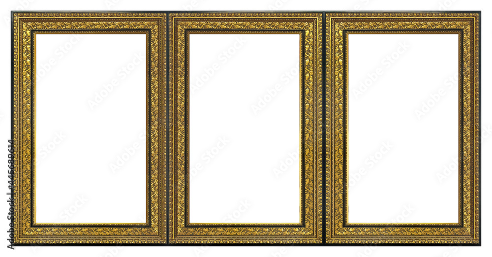 Triple golden frame (triptych) for paintings, mirrors or photos isolated on white background Triple golden frame (triptych) for paintings, mirrors or photos isolated on white background