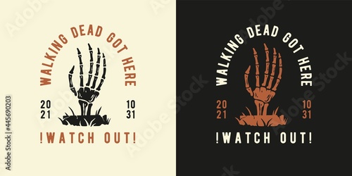 Halloween hand of skeleton for t-shirt halloween print. Fear or horror spooky zombie of happy halloween for design dark walking dead party