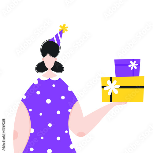 Girl  wearing a birthday cap and holding gift box - Female character with present - Vector flat illustration