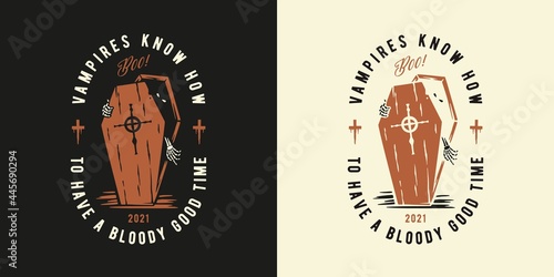 Halloween skeleton or vampire get out of coffin. Halloween undead and walking dead. Fear, horror and spooky zombie for design dark party of happy halloween
