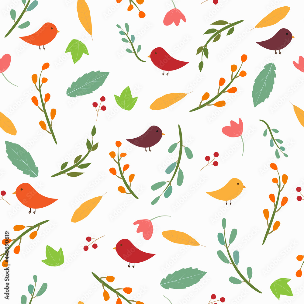 Abstract decorative seamless pattern with colorful brunch, leaves, birds, flowers. Good for nursery, kids clothing. Vector illustration.