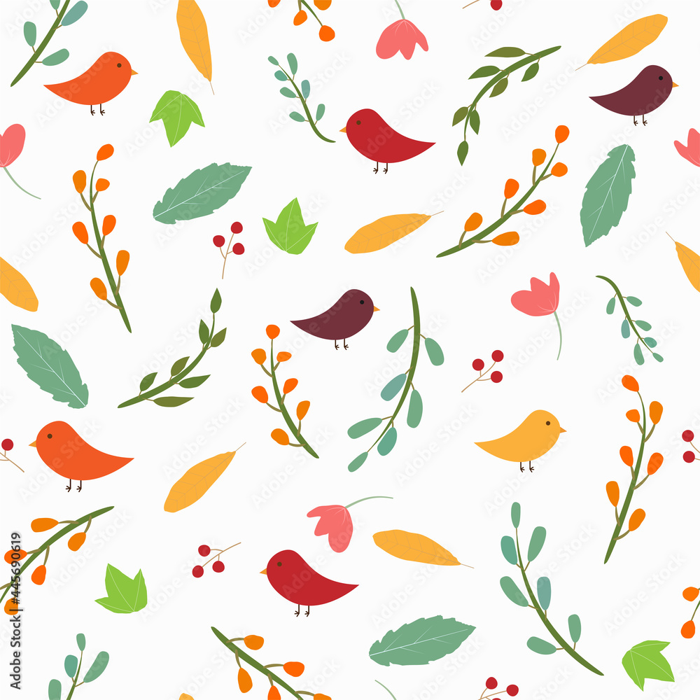 Fototapeta premium Abstract decorative seamless pattern with colorful brunch, leaves, birds, flowers. Good for nursery, kids clothing. Vector illustration.