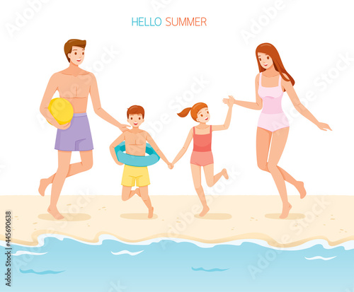 Parent And Children Wearing Swimwear Running And Holding Hands Together To Sea