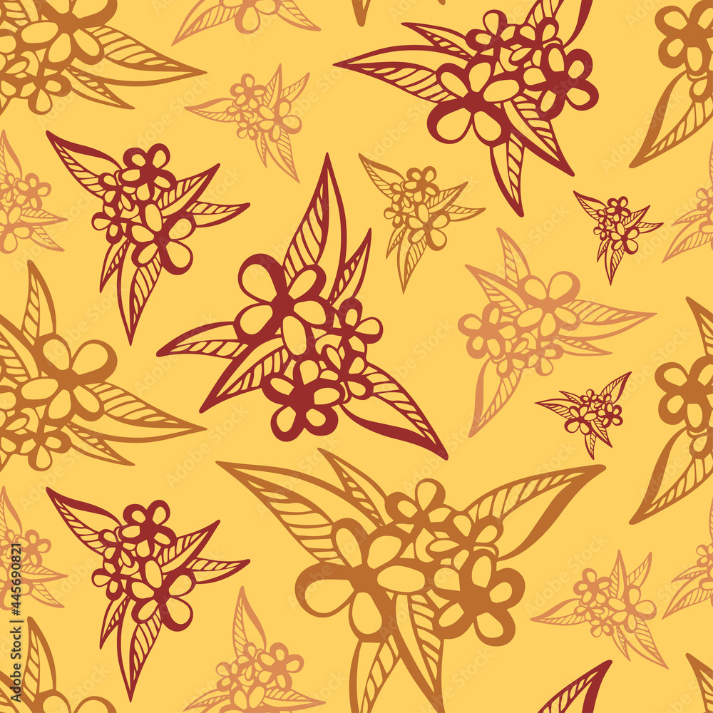 Fototapeta premium Vector seamless pattern colorful design of abstract lined flowers in warm orange tones