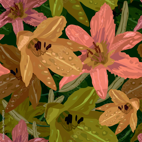 Sample of a seamless pattern for fabric with their image of yellow and roy lilies