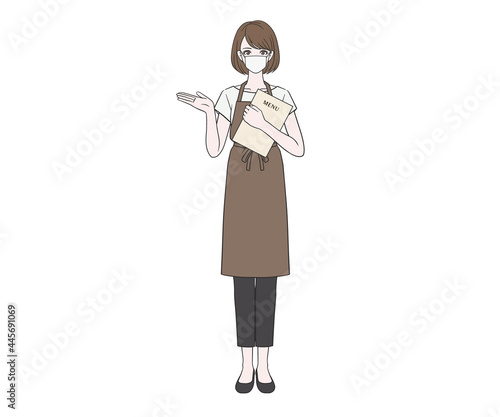 マスクをつけて案内をするカフェ店員