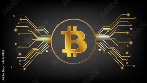 Gold Bitcoin BTC cryptocurrency symbol in circle with pcb tracks on dark background. Design element in techno style for website or banner. Vector illustration.