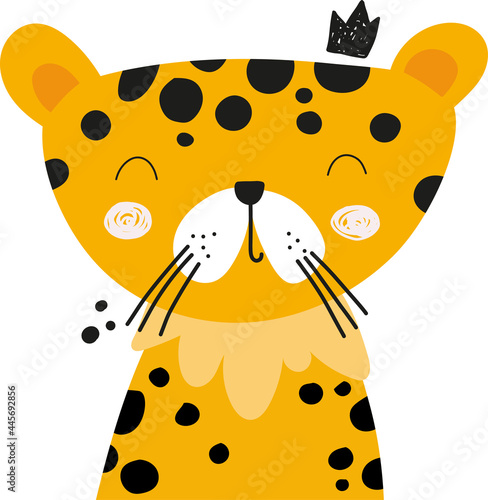 Cute leopard jaguar cub with a crown doodle illustration in vector. Hand drawn print, poster for nursery apparel. goods.