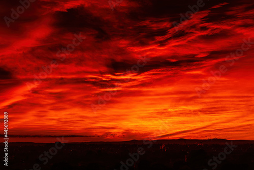 A dramatic blood red cloudy sky over the suburbs of Melbourne, Australia