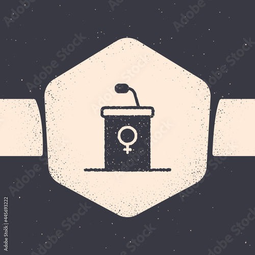 Grunge Stage stand or debate podium rostrum icon isolated on grey background. Conference speech tribune. Monochrome vintage drawing. Vector