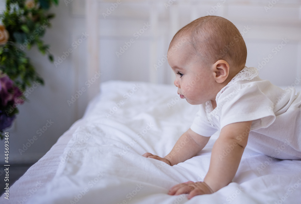 portrait of a baby girl in a white bodysuit crawling on the bed portrait of a baby girl in a white bodysuit crawling on the bed