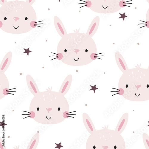 Seamless pattern cute character - animal baby bunny. Vector print for baby shower. Printable templates. Vector pattern with rabbit.