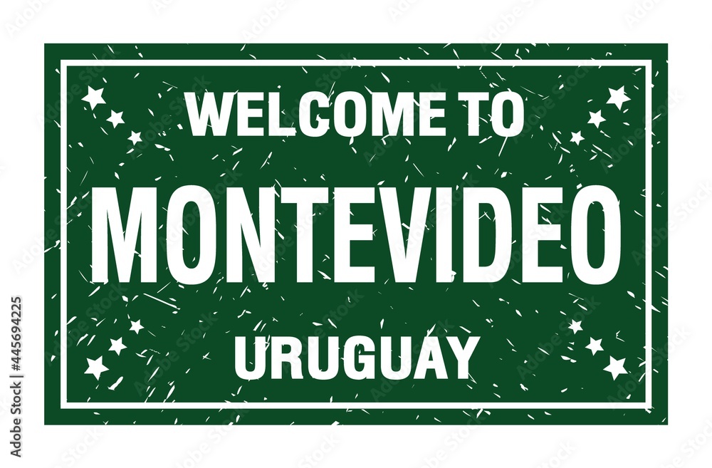 WELCOME TO MONTEVIDEO - URUGUAY, words written on green rectangle stamp