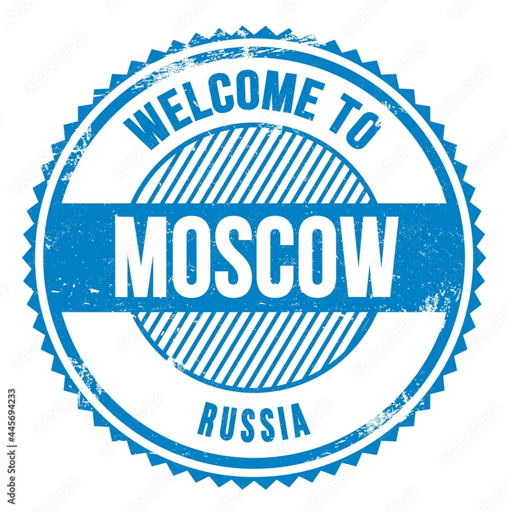WELCOME TO MOSCOW - RUSSIA, words written on light blue stamp